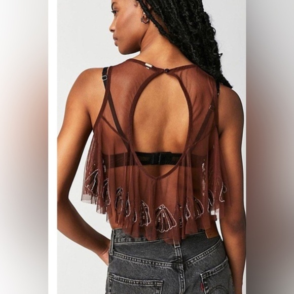 Free People chocolate Brown Tulsi Mesh Sheer Beaded Sequin cutout tank top sz XS - Picture 3 of 3